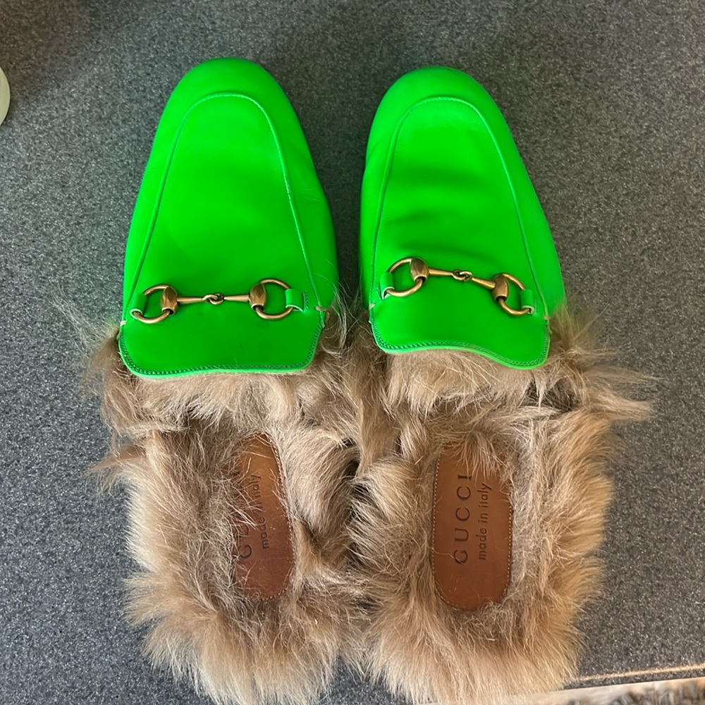 Lime green Gucci slip on Princeton furs
